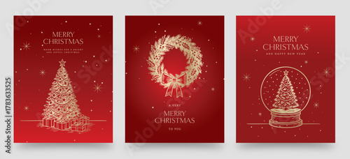 Luxury Red and Gold Christmas Greeting Card Set — Elegant Tree, Wreath, and Snow Globe Holiday Vector Posters