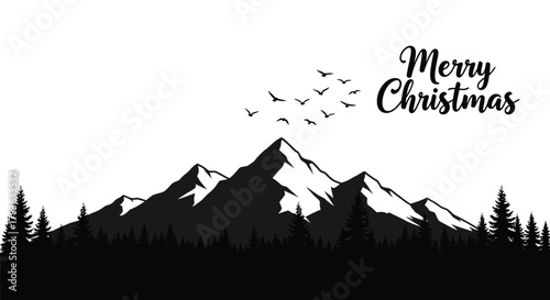 Silhouette of snow capped mountains and pine trees with birds flying and merry christmas text above