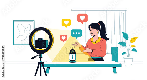Flat vector influencer recording product review with camera, ring light, and floating engagement icons. Solid color palette, ideal for influencer marketing, product launch promotions, and social ads