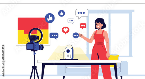 Flat vector influencer recording product review with camera, ring light, and floating engagement icons. Solid color palette, ideal for influencer marketing, product launch promotions, and social ads