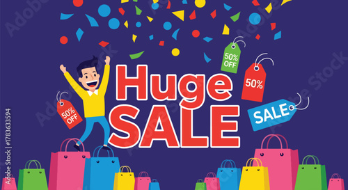 Flat vector scene with huge SALE title, discount icons and bags, excited customer holding shopping items. Ideal for seasonal campaign banners and sale announcements
