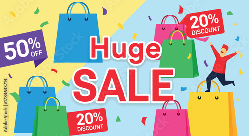 Flat vector scene with huge SALE title, discount icons and bags, excited customer holding shopping items. Ideal for seasonal campaign banners and sale announcements