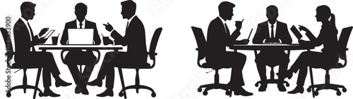 Silhouette of business people in meetings at tables with laptops and documents