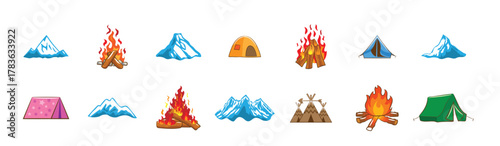 Camping and outdoor adventure icons set. Collection of flat design icons representing outdoor adventure and camping activities, including mountains, tents, backpacks, hiking boots, campfires.