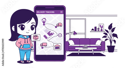 Chibi user checks delivery progress on tablet with map and tracking steps. Cute pastel vector in solid palette, ideal for order tracking screens, customer updates, and delivery UX flows