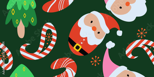  Whimsical Christmas paisley seamless pattern Cute Santa, candy and Christmas tree illustration festive holiday gift wrap background.