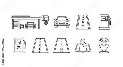 Collection of Thin Line Icons Representing a Gas Station with a Car, a Car on the Road, Road Segments, a Folded Map, and a Map Pin, Perfect for Web Sites, Books, Cards, and Apps, Editable Stroke