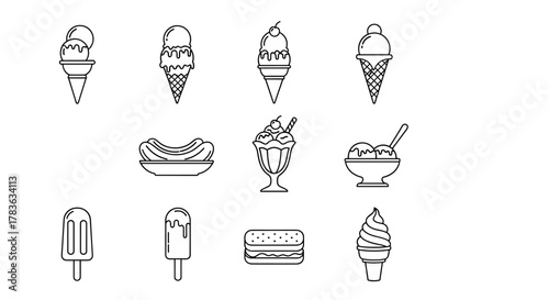 Collection of stylized line art icons representing various frozen desserts and snacks, including ice cream cones, sundaes, popsicles, and a sandwich, all presented on a clean white background for