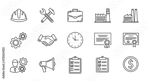 A clean and modern vector icon set representing various aspects of labor and industry, featuring a hard hat, tools, gears, handshake, briefcase, factories, clock, certificates, checklist, megaphone
