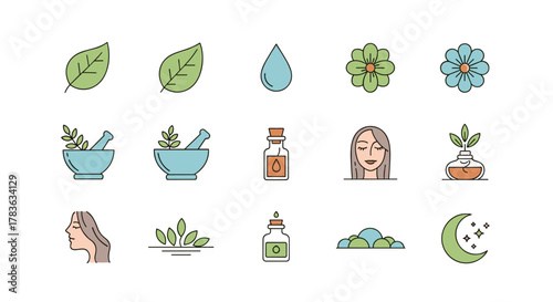 Set of natural beauty and wellness icons, including leaves, flowers, mortar and pestle, essential oil bottles, a serene face, a plant in a vase, and a crescent moon with stars, perfect for organic