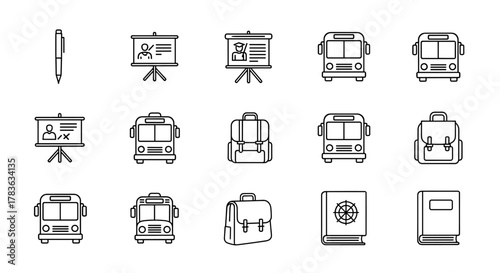 Collection of minimalistic linear pictograms and outline web icons representing educational and travel elements, including a pen, presentation boards, buses, school bags, and books, all with editable
