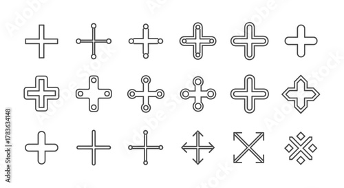 A comprehensive collection of thin line plus sign icons, featuring various styles including simple crosses, crosses with circles, double-lined crosses, and directional arrows, perfect for graphic