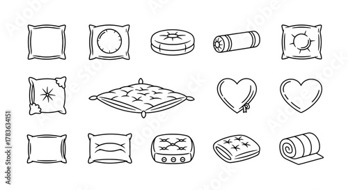 Collection of simple vector icons representing various pillows and cushions, including square, round, bolster, and heart shapes, with editable strokes, perfect for infographics, articles, books