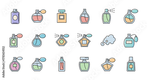 Set of modern outline style perfume bottle icons, perfect for design projects, cards, apps, and social networks. This vector cartoon illustration features a white background and an ordered set of