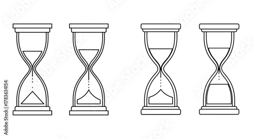 Collection of four simple linear outline hourglass illustrations, each depicting a different stage of sand flow, suitable for web, books, cards, and apps, presented as editable stroke vector cartoon