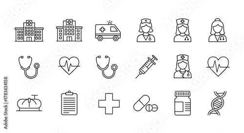 Set of 15 medical and healthcare outline icons, including hospitals, ambulance, nurses, stethoscope, heartbeat, syringe, clipboard, cross, pills, DNA, and medicine bottle, presented on a clean white