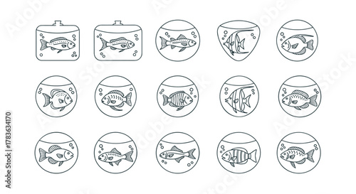A collection of minimalistic line icons featuring various fish species swimming in aquariums and fishbowls, perfect for web and graphic design, apps, banners, social networks, and cards, offering a