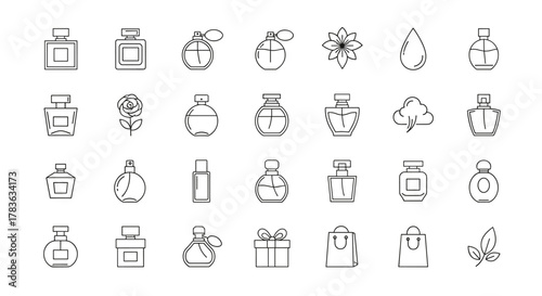 Minimalistic linear perfume icon pack, featuring a variety of elegant perfume bottles, a rose, a water drop, a scent cloud, a gift box, and a shopping bag, perfect for web and graphic design, apps