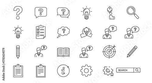 A comprehensive set of clean, linear outline icons representing questions, ideas, and business processes, including question marks, lightbulbs, checklists, magnifying glass, target, book, and search