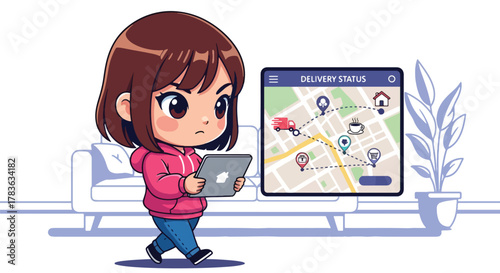 Chibi user checks delivery progress on tablet with map and tracking steps. Cute pastel vector in solid palette, ideal for order tracking screens, customer updates, and delivery UX flows