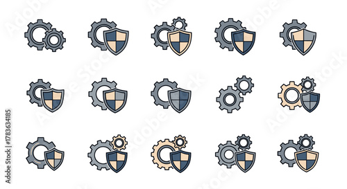 Set of fifteen flat vector icons representing gears and shields, symbolizing security, protection, and mechanical systems, presented on a clean white background for versatile graphic design