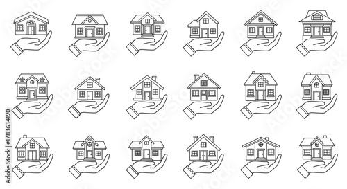 Collection of outline icons representing private houses held over open hands, symbolizing real estate, home ownership, and property management, perfect for graphic and web design, apps, adverts, and