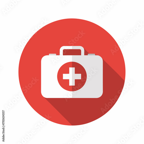 Red Medical First Aid Kit Icon with White Cross – Healthcare Emergency Symbol on Round Background
