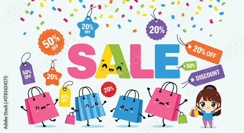 Big cute SALE typography with smiling shopping bags and discount icons. Pastel solid flat vector, ideal for seasonal sales banners and ecommerce promotion campaigns