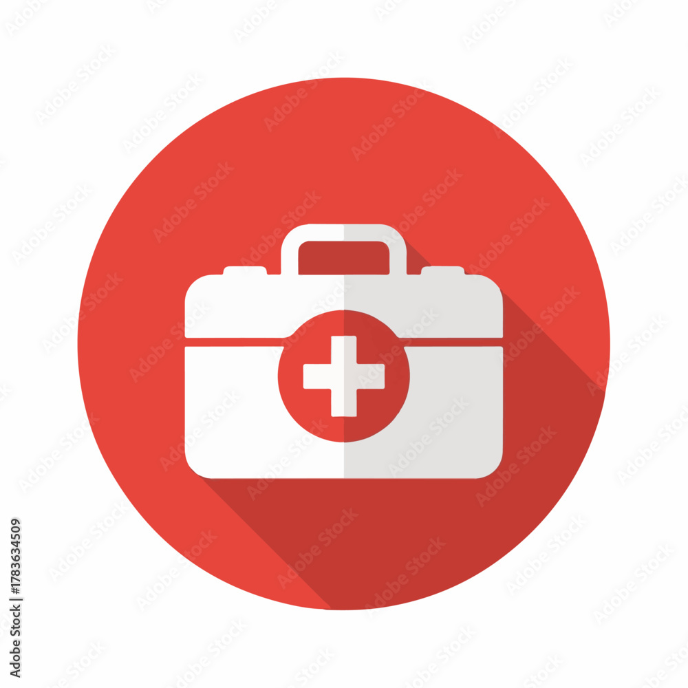 Fototapeta premium Red Medical First Aid Kit Icon with White Cross – Healthcare Emergency Symbol on Round Background