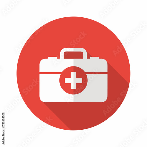 Red Medical First Aid Kit Icon with White Cross – Healthcare Emergency Symbol on Round Background