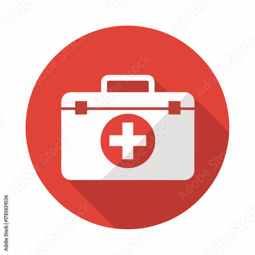 Red Medical First Aid Kit Icon with White Cross – Healthcare Emergency Symbol on Round Background