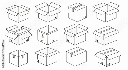 Open Box Outline Icon Set – Packaging, Shipping & Storage Vector Collection