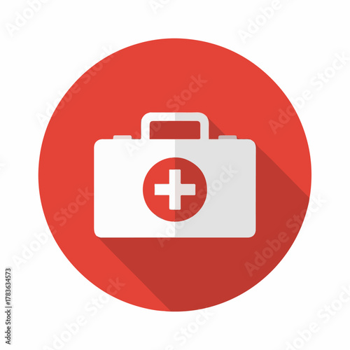 Red Medical First Aid Kit Icon with White Cross – Healthcare Emergency Symbol on Round Background