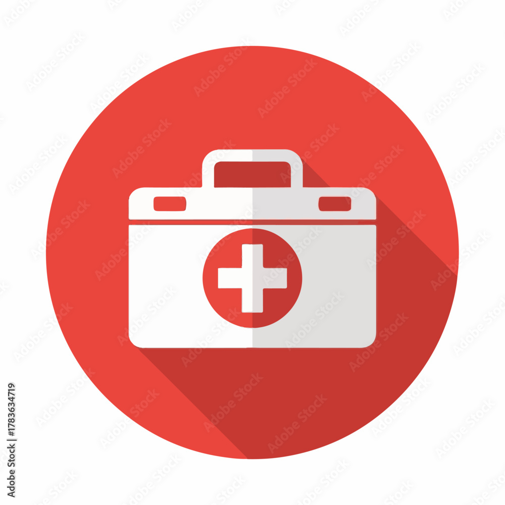 Fototapeta premium Red Medical First Aid Kit Icon with White Cross – Healthcare Emergency Symbol on Round Background