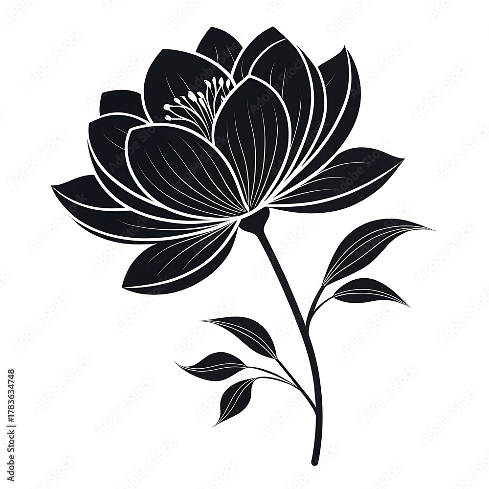 Fototapeta premium Lotus in Monochrome: A stunning monochrome illustration captures the graceful beauty of a blooming lotus flower, symbolizing purity, enlightenment, and serenity.