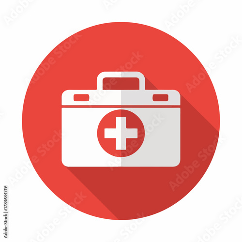 Red Medical First Aid Kit Icon with White Cross – Healthcare Emergency Symbol on Round Background