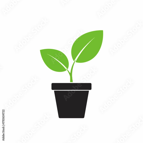 Green Plant in Black Flowerpot Icon – Minimal Botanical Growth Symbol on White Background