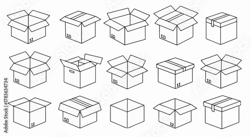 Open and Closed Cardboard Box Icons – Vector Packaging and Shipping Line Art Set