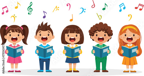 Children singing cartoon, music class illustration, choir performance vector, joyful student group, musical notes design, educational character set, isolated on white background