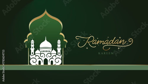 Ramadan kareem greeting with mosque and green