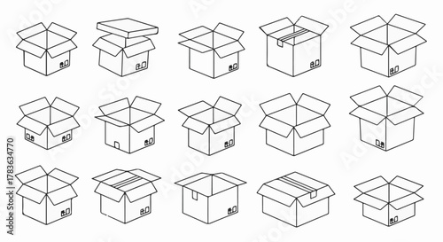 Open and Closed Cardboard Box Icons – Vector Packaging and Shipping Line Art Set