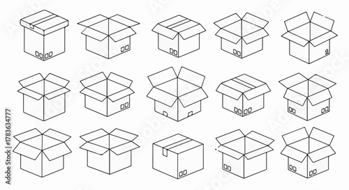 Open and Closed Cardboard Box Icons – Vector Packaging and Shipping Line Art Set