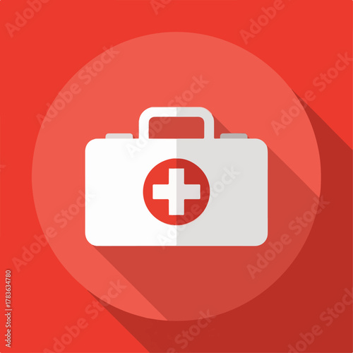 Red Medical First Aid Kit Icon with White Cross – Healthcare Emergency Symbol on Round Background