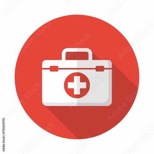 Red Medical First Aid Kit Icon with White Cross – Healthcare Emergency Symbol on Round Background