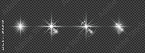 Realistic set of lens flares featuring bright glare effects and transparent light reflections, Vector illustration