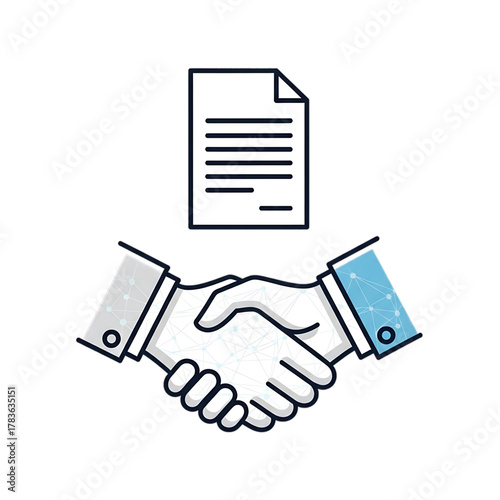 Handshake with document icon representing business agreement and contract signing.