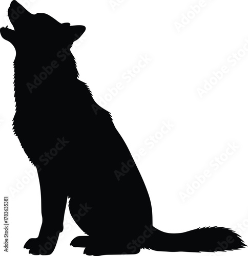 Silhouette of a howling wolf sitting on ground in wilderness, isolated on white background, perfect for wildlife and nature themes