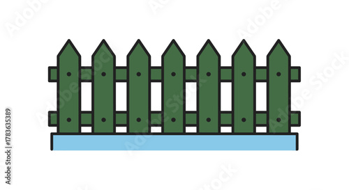 A simple green picket fence illustration with a blue ground silhouette
