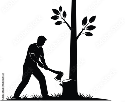 Man chopping tree, axe swing action, deforestation concept, manual labor silhouette, cad drawing, flat vector illustration, black icon style