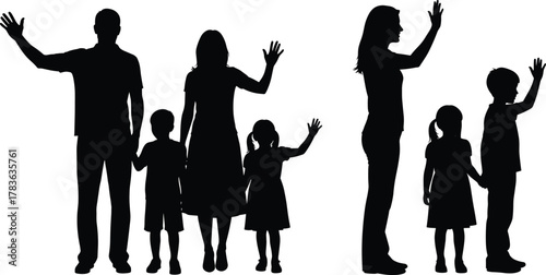 Silhouette of Diverse Families Waving Together – Parents and Children Greeting, Bonding, and Interacting in Social Group Vector Illustration